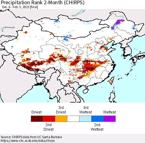China, Mongolia and Taiwan Precipitation Rank since 1981, 2-Month (CHIRPS) Thematic Map For 12/6/2022 - 2/5/2023