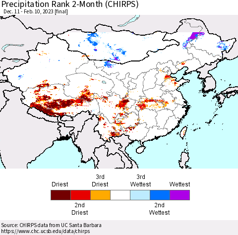 China, Mongolia and Taiwan Precipitation Rank since 1981, 2-Month (CHIRPS) Thematic Map For 12/11/2022 - 2/10/2023