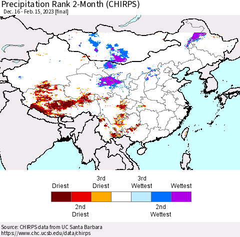 China, Mongolia and Taiwan Precipitation Rank since 1981, 2-Month (CHIRPS) Thematic Map For 12/16/2022 - 2/15/2023