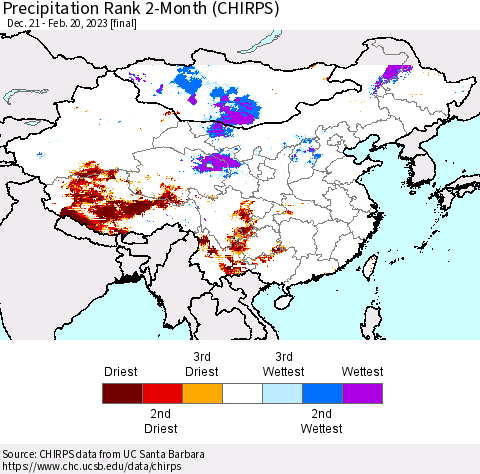 China, Mongolia and Taiwan Precipitation Rank since 1981, 2-Month (CHIRPS) Thematic Map For 12/21/2022 - 2/20/2023
