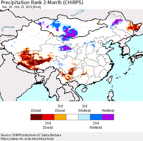 China, Mongolia and Taiwan Precipitation Rank since 1981, 2-Month (CHIRPS) Thematic Map For 12/26/2022 - 2/25/2023