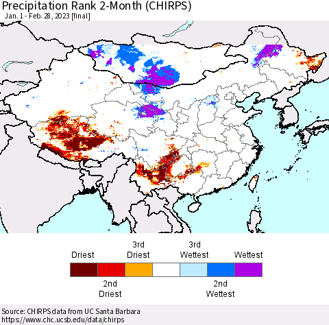 China, Mongolia and Taiwan Precipitation Rank since 1981, 2-Month (CHIRPS) Thematic Map For 1/1/2023 - 2/28/2023