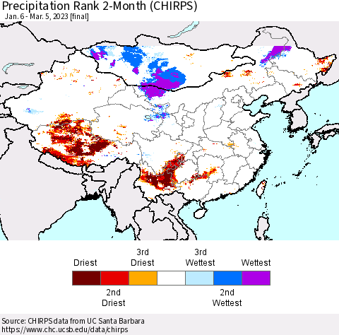 China, Mongolia and Taiwan Precipitation Rank since 1981, 2-Month (CHIRPS) Thematic Map For 1/6/2023 - 3/5/2023