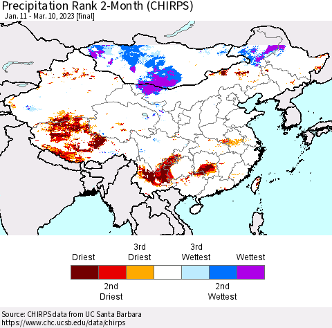 China, Mongolia and Taiwan Precipitation Rank since 1981, 2-Month (CHIRPS) Thematic Map For 1/11/2023 - 3/10/2023