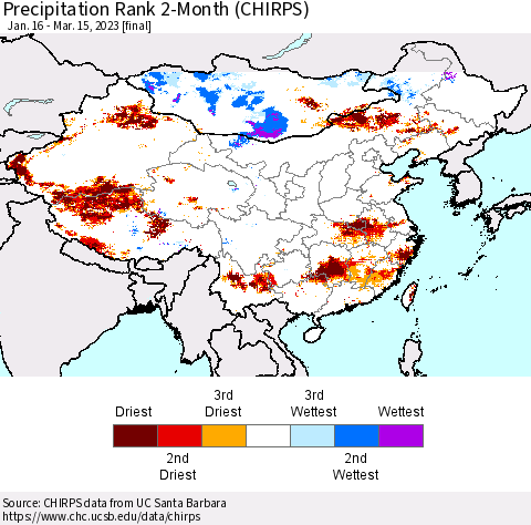 China, Mongolia and Taiwan Precipitation Rank since 1981, 2-Month (CHIRPS) Thematic Map For 1/16/2023 - 3/15/2023