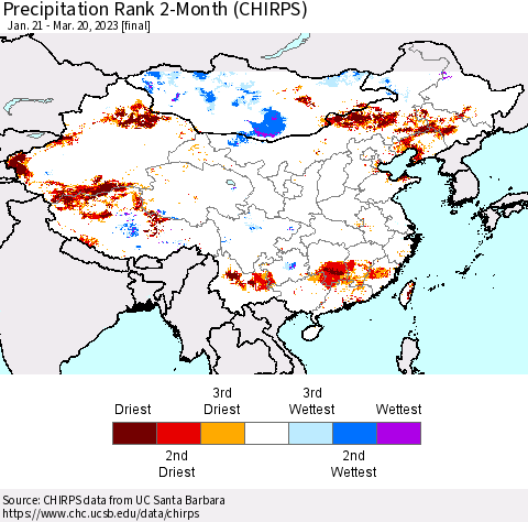 China, Mongolia and Taiwan Precipitation Rank since 1981, 2-Month (CHIRPS) Thematic Map For 1/21/2023 - 3/20/2023