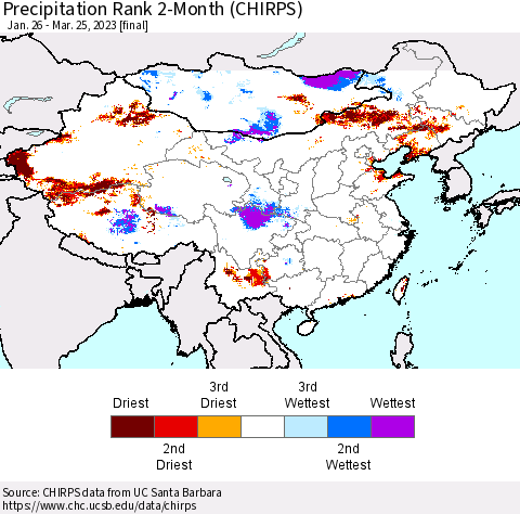 China, Mongolia and Taiwan Precipitation Rank since 1981, 2-Month (CHIRPS) Thematic Map For 1/26/2023 - 3/25/2023