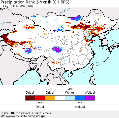 China, Mongolia and Taiwan Precipitation Rank since 1981, 2-Month (CHIRPS) Thematic Map For 2/1/2023 - 3/31/2023