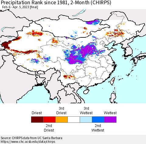 China, Mongolia and Taiwan Precipitation Rank since 1981, 2-Month (CHIRPS) Thematic Map For 2/6/2023 - 4/5/2023