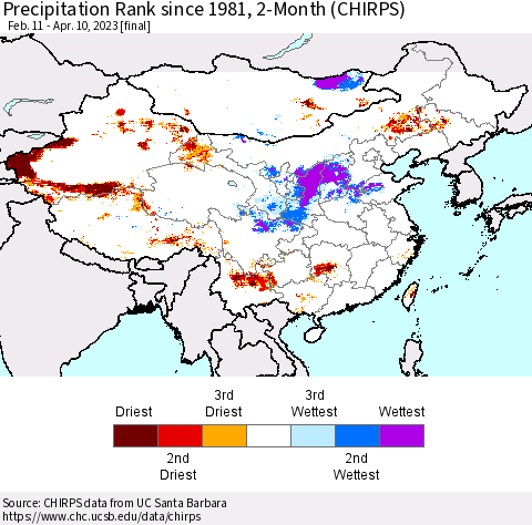 China, Mongolia and Taiwan Precipitation Rank since 1981, 2-Month (CHIRPS) Thematic Map For 2/11/2023 - 4/10/2023