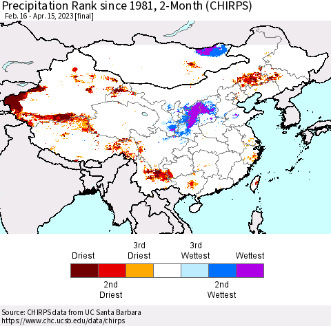 China, Mongolia and Taiwan Precipitation Rank since 1981, 2-Month (CHIRPS) Thematic Map For 2/16/2023 - 4/15/2023