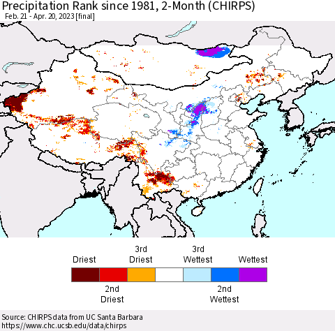 China, Mongolia and Taiwan Precipitation Rank since 1981, 2-Month (CHIRPS) Thematic Map For 2/21/2023 - 4/20/2023