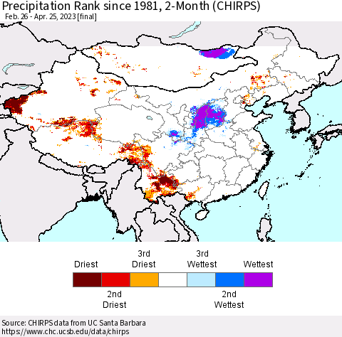 China, Mongolia and Taiwan Precipitation Rank since 1981, 2-Month (CHIRPS) Thematic Map For 2/26/2023 - 4/25/2023