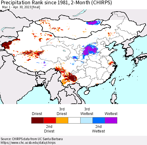 China, Mongolia and Taiwan Precipitation Rank since 1981, 2-Month (CHIRPS) Thematic Map For 3/1/2023 - 4/30/2023