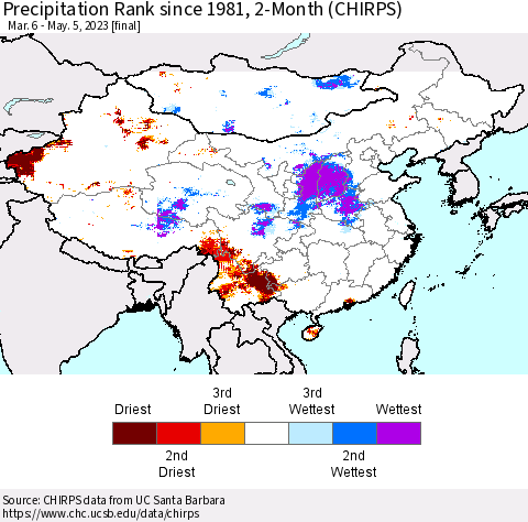 China, Mongolia and Taiwan Precipitation Rank since 1981, 2-Month (CHIRPS) Thematic Map For 3/6/2023 - 5/5/2023