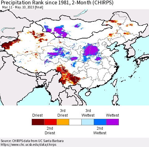 China, Mongolia and Taiwan Precipitation Rank since 1981, 2-Month (CHIRPS) Thematic Map For 3/11/2023 - 5/10/2023