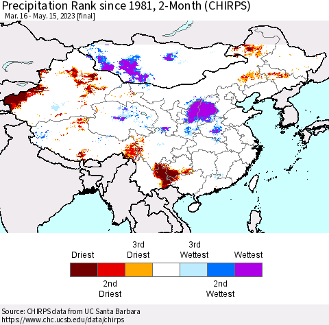 China, Mongolia and Taiwan Precipitation Rank since 1981, 2-Month (CHIRPS) Thematic Map For 3/16/2023 - 5/15/2023