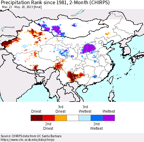 China, Mongolia and Taiwan Precipitation Rank since 1981, 2-Month (CHIRPS) Thematic Map For 3/21/2023 - 5/20/2023