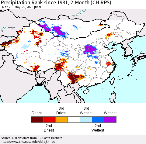 China, Mongolia and Taiwan Precipitation Rank since 1981, 2-Month (CHIRPS) Thematic Map For 3/26/2023 - 5/25/2023