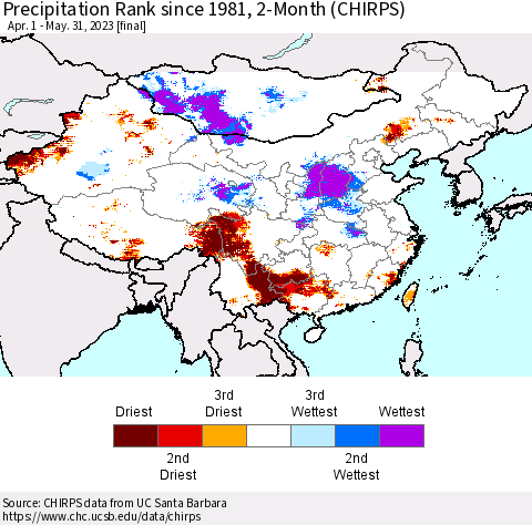 China, Mongolia and Taiwan Precipitation Rank since 1981, 2-Month (CHIRPS) Thematic Map For 4/1/2023 - 5/31/2023