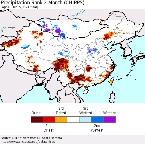 China, Mongolia and Taiwan Precipitation Rank since 1981, 2-Month (CHIRPS) Thematic Map For 4/6/2023 - 6/5/2023