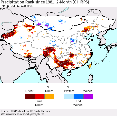 China, Mongolia and Taiwan Precipitation Rank since 1981, 2-Month (CHIRPS) Thematic Map For 4/11/2023 - 6/10/2023