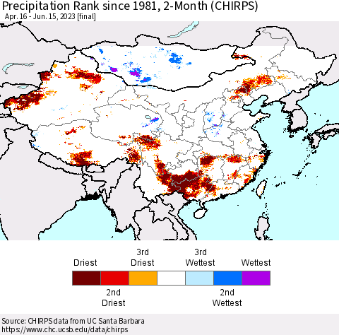 China, Mongolia and Taiwan Precipitation Rank since 1981, 2-Month (CHIRPS) Thematic Map For 4/16/2023 - 6/15/2023