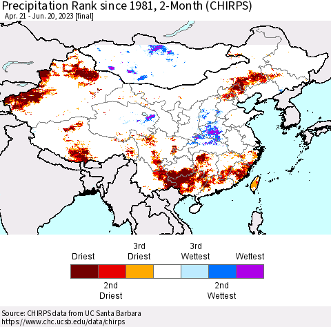 China, Mongolia and Taiwan Precipitation Rank since 1981, 2-Month (CHIRPS) Thematic Map For 4/21/2023 - 6/20/2023