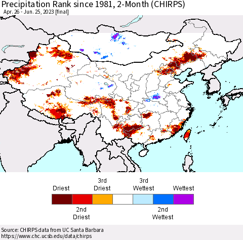 China, Mongolia and Taiwan Precipitation Rank since 1981, 2-Month (CHIRPS) Thematic Map For 4/26/2023 - 6/25/2023