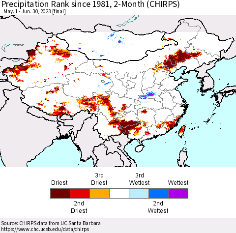 China, Mongolia and Taiwan Precipitation Rank since 1981, 2-Month (CHIRPS) Thematic Map For 5/1/2023 - 6/30/2023