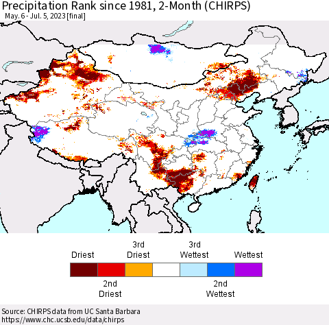 China, Mongolia and Taiwan Precipitation Rank since 1981, 2-Month (CHIRPS) Thematic Map For 5/6/2023 - 7/5/2023