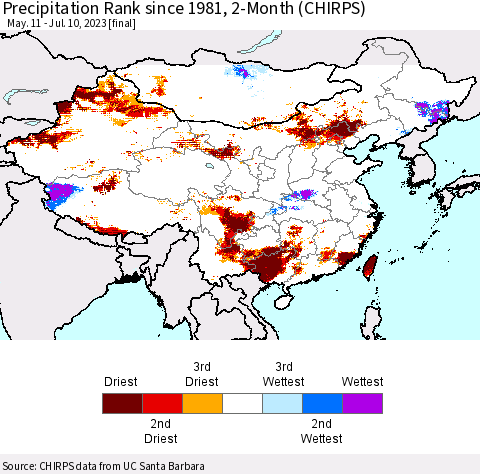 China, Mongolia and Taiwan Precipitation Rank since 1981, 2-Month (CHIRPS) Thematic Map For 5/11/2023 - 7/10/2023