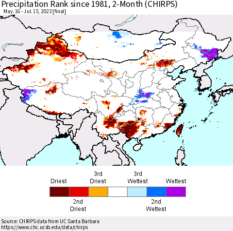 China, Mongolia and Taiwan Precipitation Rank since 1981, 2-Month (CHIRPS) Thematic Map For 5/16/2023 - 7/15/2023
