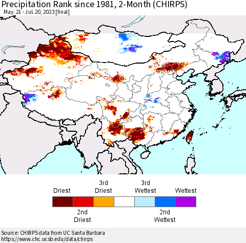 China, Mongolia and Taiwan Precipitation Rank since 1981, 2-Month (CHIRPS) Thematic Map For 5/21/2023 - 7/20/2023