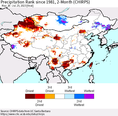China, Mongolia and Taiwan Precipitation Rank since 1981, 2-Month (CHIRPS) Thematic Map For 5/26/2023 - 7/25/2023