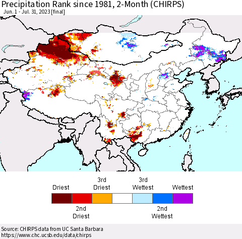 China, Mongolia and Taiwan Precipitation Rank since 1981, 2-Month (CHIRPS) Thematic Map For 6/1/2023 - 7/31/2023
