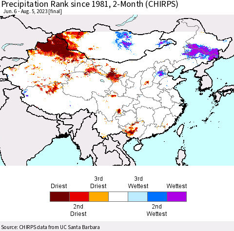 China, Mongolia and Taiwan Precipitation Rank since 1981, 2-Month (CHIRPS) Thematic Map For 6/6/2023 - 8/5/2023