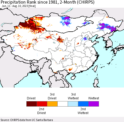 China, Mongolia and Taiwan Precipitation Rank since 1981, 2-Month (CHIRPS) Thematic Map For 6/11/2023 - 8/10/2023