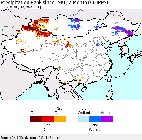 China, Mongolia and Taiwan Precipitation Rank since 1981, 2-Month (CHIRPS) Thematic Map For 6/16/2023 - 8/15/2023