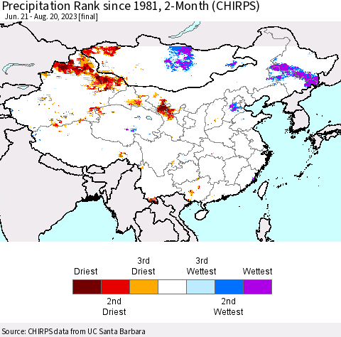 China, Mongolia and Taiwan Precipitation Rank since 1981, 2-Month (CHIRPS) Thematic Map For 6/21/2023 - 8/20/2023