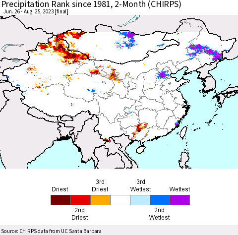 China, Mongolia and Taiwan Precipitation Rank since 1981, 2-Month (CHIRPS) Thematic Map For 6/26/2023 - 8/25/2023