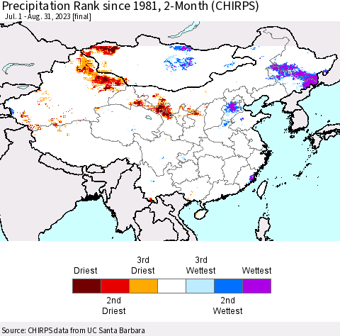 China, Mongolia and Taiwan Precipitation Rank since 1981, 2-Month (CHIRPS) Thematic Map For 7/1/2023 - 8/31/2023