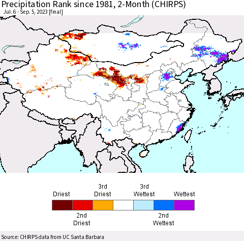 China, Mongolia and Taiwan Precipitation Rank since 1981, 2-Month (CHIRPS) Thematic Map For 7/6/2023 - 9/5/2023