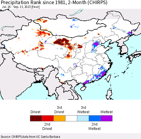 China, Mongolia and Taiwan Precipitation Rank since 1981, 2-Month (CHIRPS) Thematic Map For 7/16/2023 - 9/15/2023