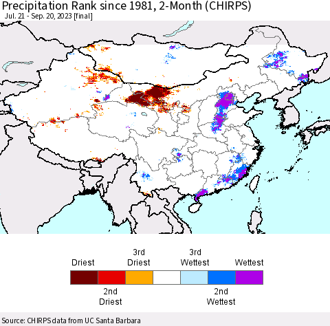China, Mongolia and Taiwan Precipitation Rank since 1981, 2-Month (CHIRPS) Thematic Map For 7/21/2023 - 9/20/2023