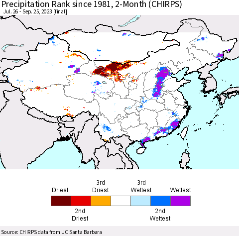 China, Mongolia and Taiwan Precipitation Rank since 1981, 2-Month (CHIRPS) Thematic Map For 7/26/2023 - 9/25/2023