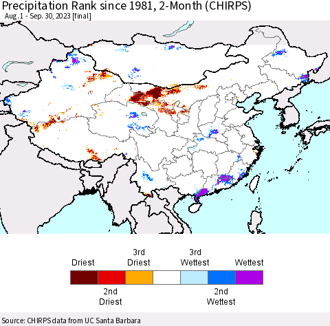China, Mongolia and Taiwan Precipitation Rank since 1981, 2-Month (CHIRPS) Thematic Map For 8/1/2023 - 9/30/2023
