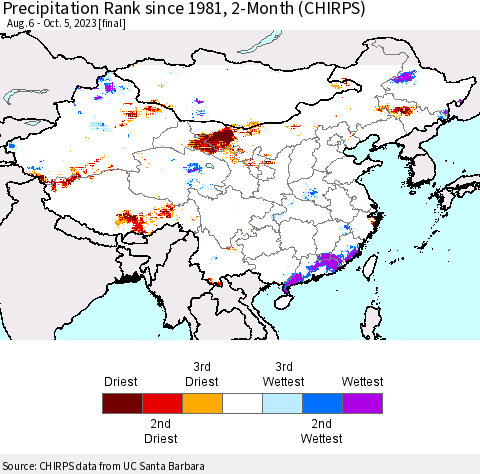 China, Mongolia and Taiwan Precipitation Rank since 1981, 2-Month (CHIRPS) Thematic Map For 8/6/2023 - 10/5/2023