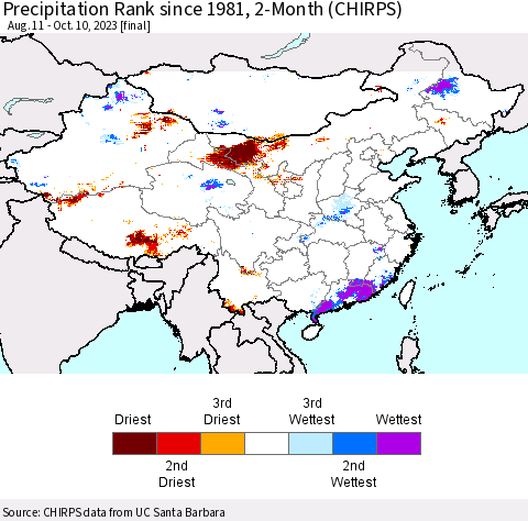 China, Mongolia and Taiwan Precipitation Rank since 1981, 2-Month (CHIRPS) Thematic Map For 8/11/2023 - 10/10/2023