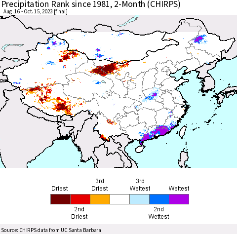 China, Mongolia and Taiwan Precipitation Rank since 1981, 2-Month (CHIRPS) Thematic Map For 8/16/2023 - 10/15/2023